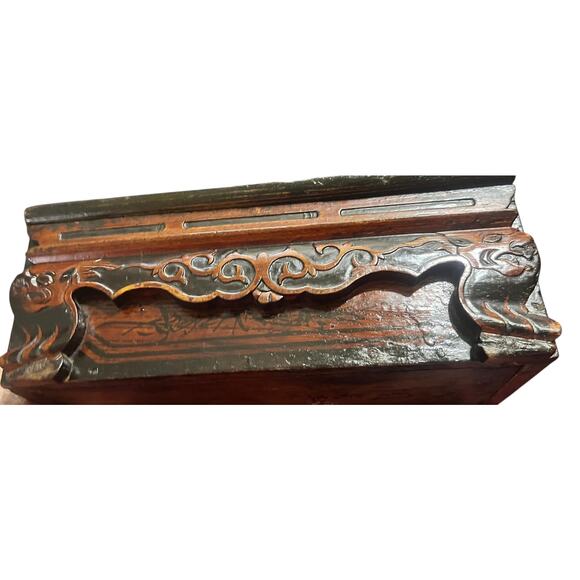 Antique Chinese Carved Red Lacquered Box with Lid & Side Drawer Signed on Bottom - Picture 10 of 12